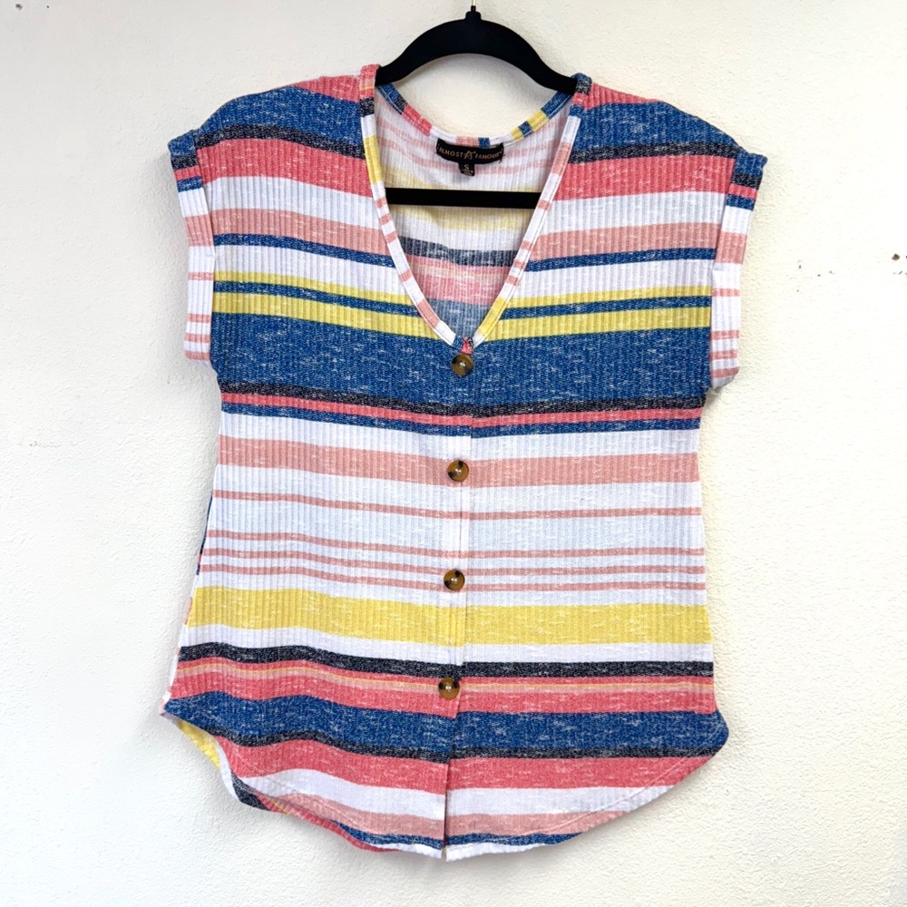 Almost famous rolled sleeve button down top, striped colorful, size S